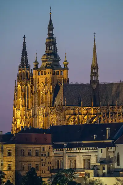 Lights on at St. Vitus Cathedral at the center of the...