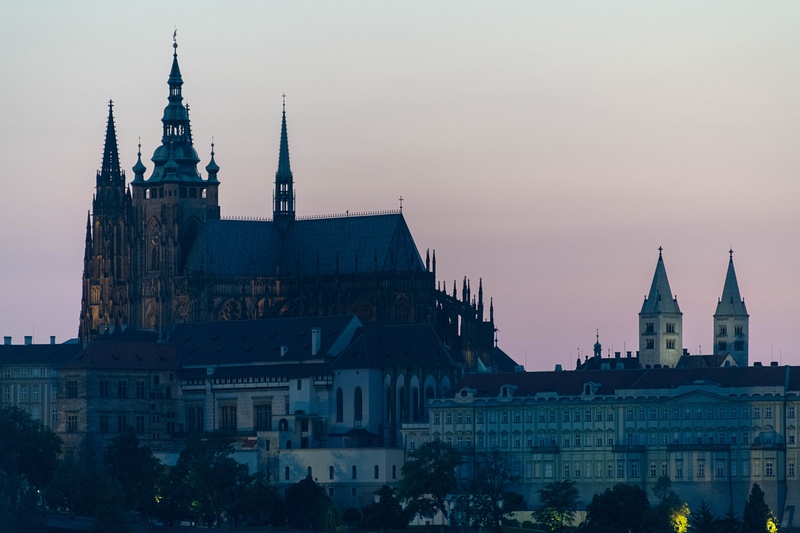 Illumination of the Prague Castle district getting turned on.