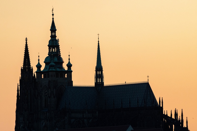 St. Vitus Cathedral against the sunset, color a bit deeper than earlier in the evening.