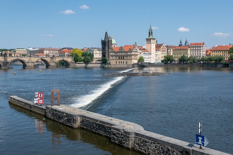 Vltava River weir, Charles Bridge, and Old Town Prague.