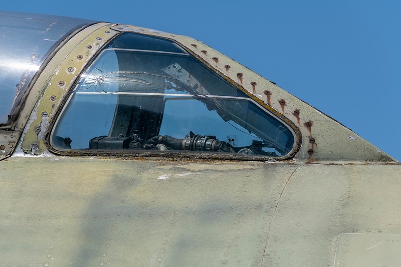 Canopy of the Sukhoi Su-7 BKL Fitter has taken a hit.