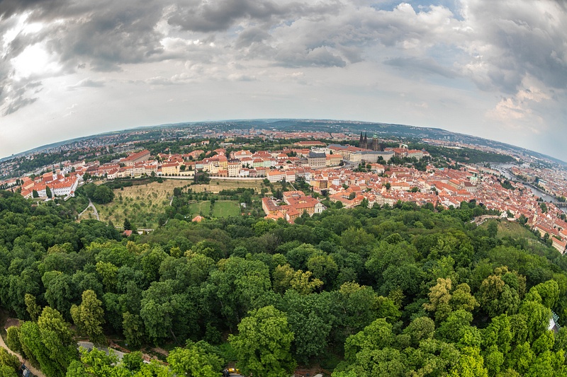 Superwide panorama looking north from Petrin Tower. Monastery, Prague Castle, Vltava River (L-R).