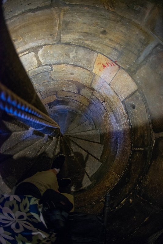 The circular staircase connecting to the street in the Powder Tower. The higher staircases are wider