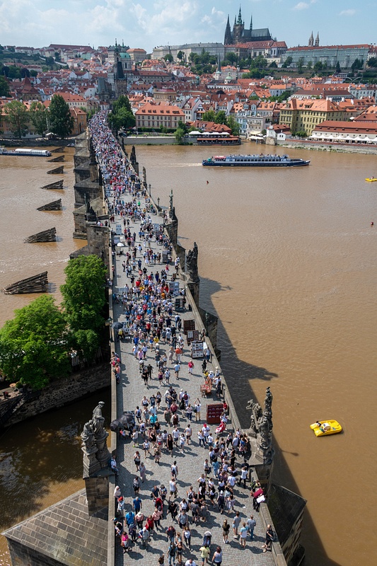 Clear afternoon light on the tourists crossing the Charles Bridge, Praha.