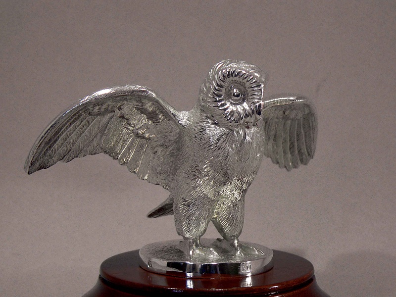 Solid Sterling silver Owl on mahogany plinth