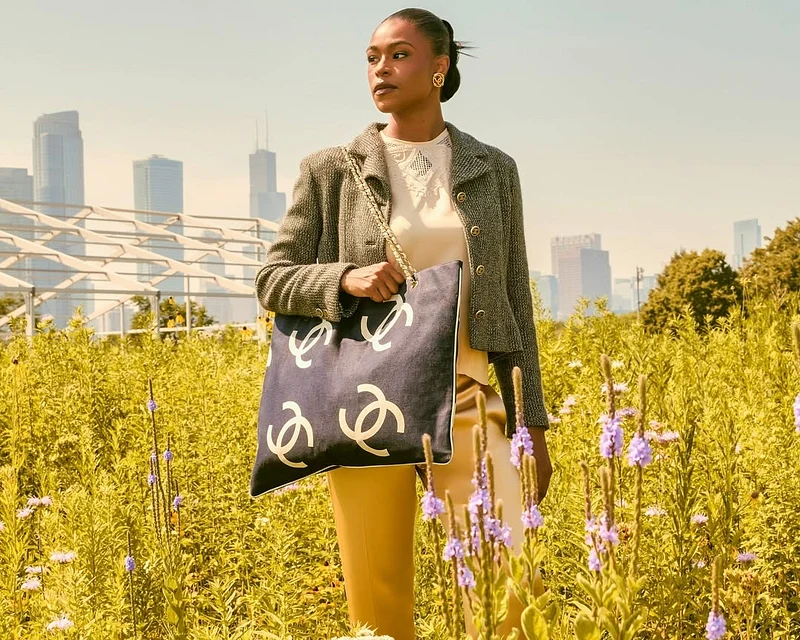 Chic Fall Fashion Brand Catalog photoshoot Model in stylish fall outfit holding designer bag in urban meadow with city skyline.