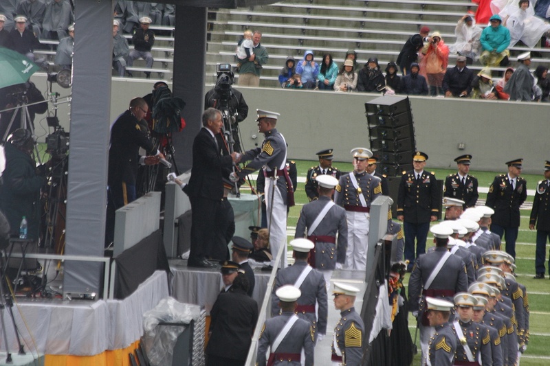 The First Class leadership accepting their degrees from Secretary Hagel