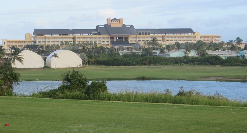 Royal St Kitts Golf Club. The Marriott, St Kitts' largest resport, looms in the distance.