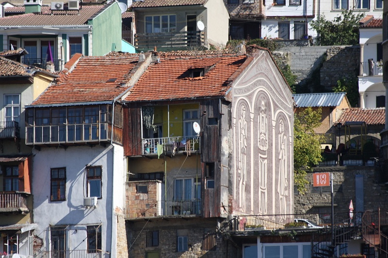 Residential district-Veliko Tarnovo. Note the religious motif on the side of the building
