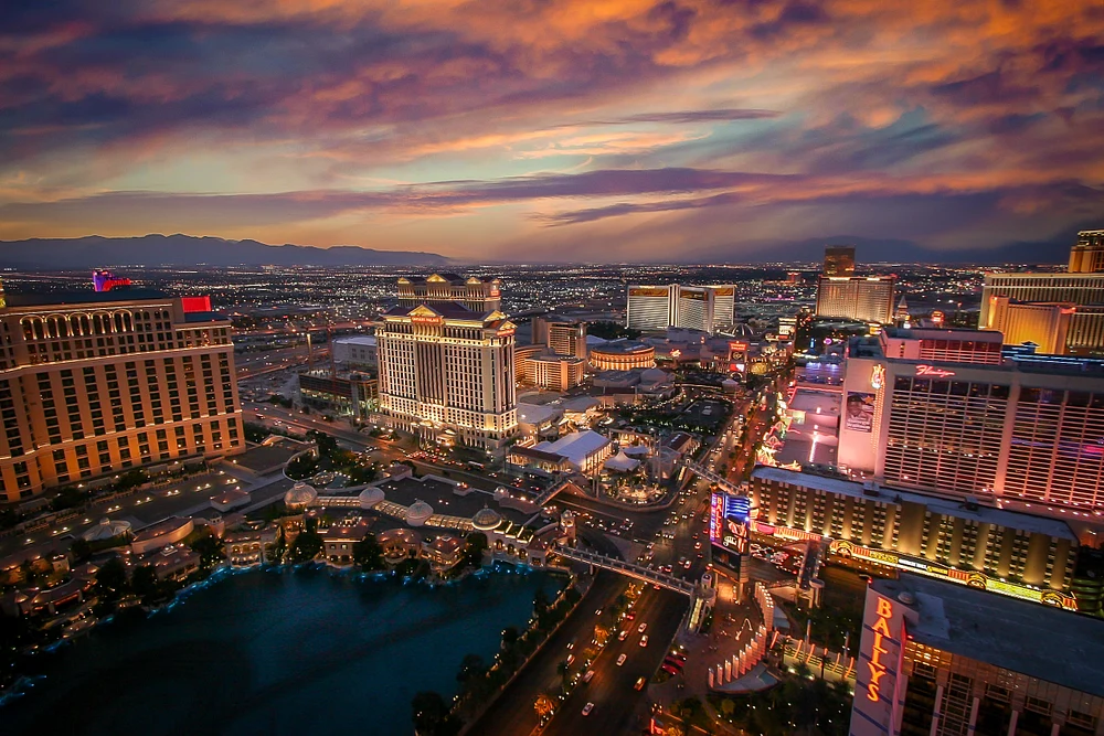 Las Vegas Strip Aerial View at Sunset with Bellagio Fountains