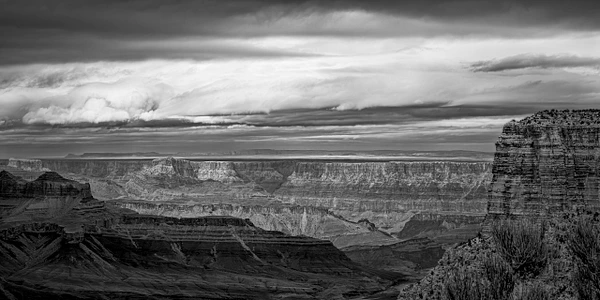Black-and-white view from the depths of the Grand Canyon upward toward the sky.