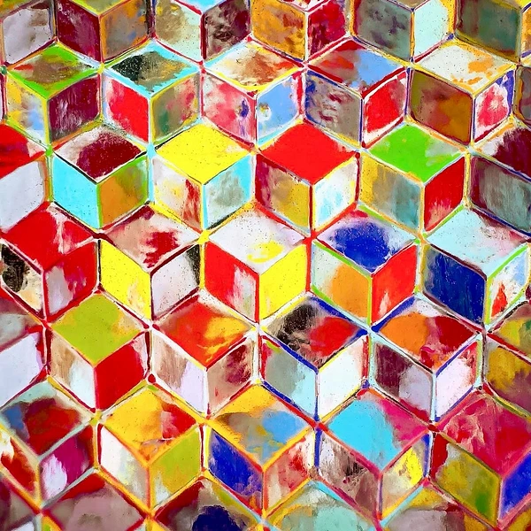 Hand-painted multicolor cubes form a textured geometric lattice with scarlet, cyan, green, yellow, and blue faces