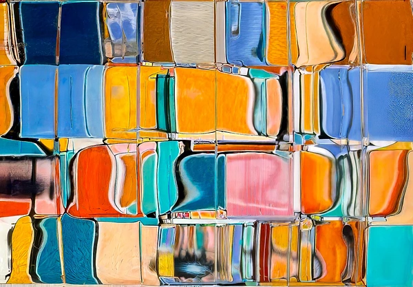 Abstract photograph of irregular orange, blue, coral, and turquoise panes arranged in a warped colorful grid