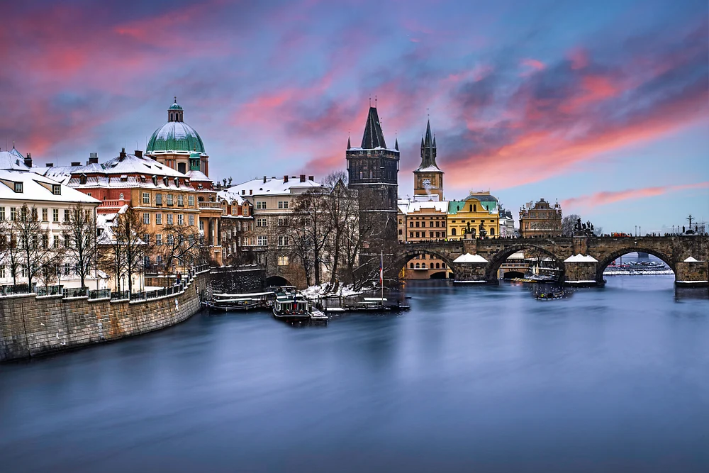 Winter Sunset Over Charles Bridge in Prague