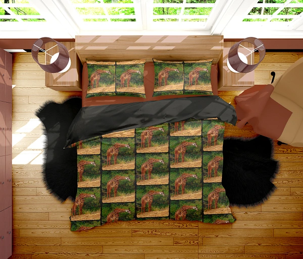 Textile design featuring giraffe patterns by Michael Weinman on bedding.