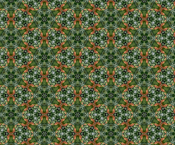 Textile design pattern by Michael Weinman featuring green and orange hues.