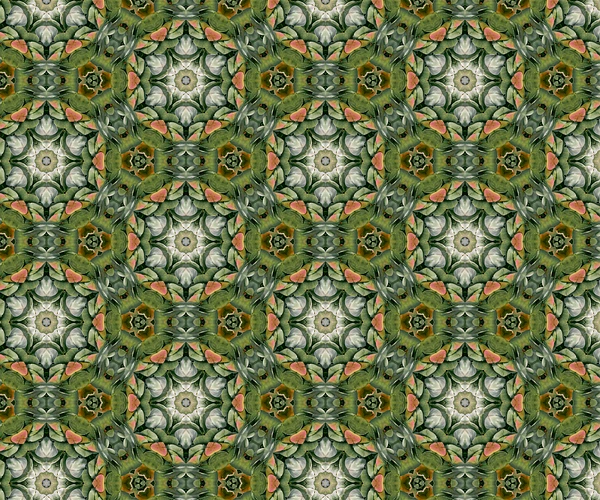 Detailed textile design featuring green leaves and floral patterns, ideal for fabric applications.
