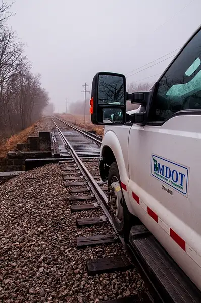 High-Rail Inspection on the I&NE Railroad on a foggy...
