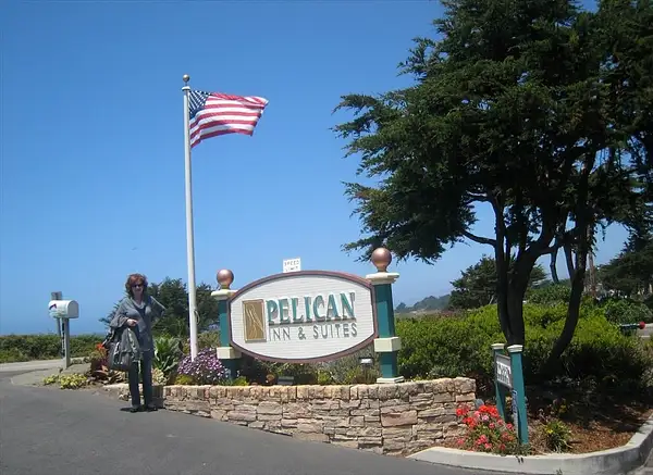 Kitty stands in front of Pelican Inn sign in Cambria...