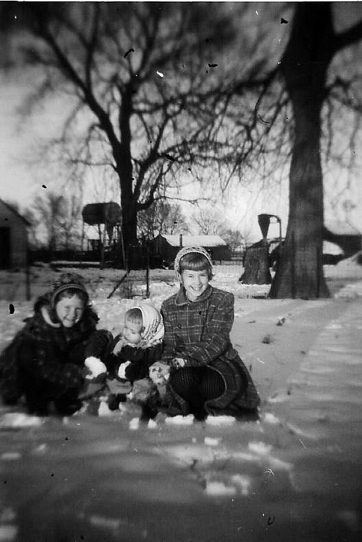 Barb-Nancy-Fran in the snow ca 1957