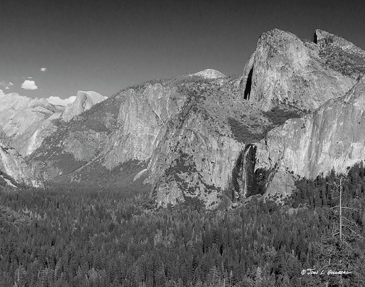 150403009BW Bridalveil Falls The Three Brothers and Half Dome