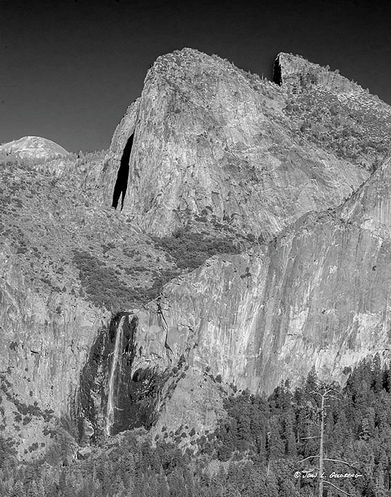 150403010BW Bridalveil Falls and the Three Brothers from Tunnel View