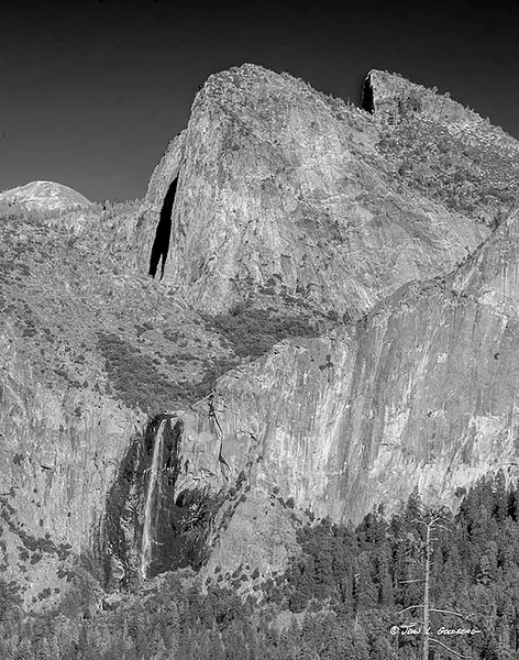 150403010BW Bridalveil Falls and the Three Brothers from...