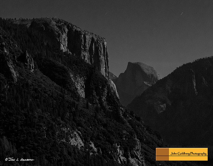 150403047BW El Cap and Half Dome from Hwy 41 at Night
