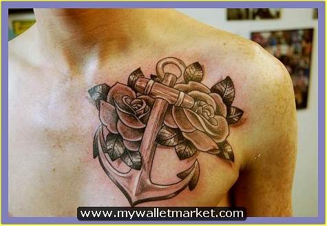 Grey Ink Rose Flowers And Anchor Tattoo