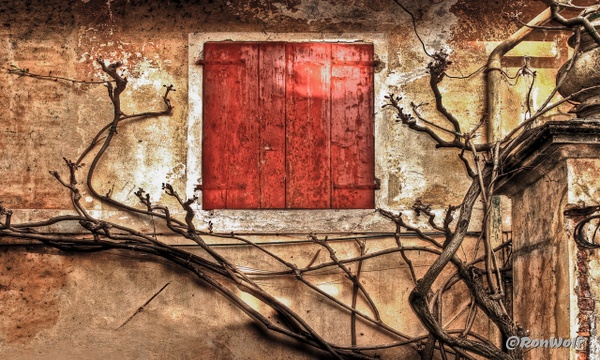 Asolo, Italy.    A Red Shutter Door - Europe's Richness - Ron Wolf Photography 