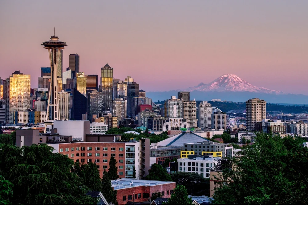 'The Emerald City and its Majestic Neighbor - Seattle Skyline with Mount Rainier at Sunset' (TM 1 Place) by Sree Alavattam - PE