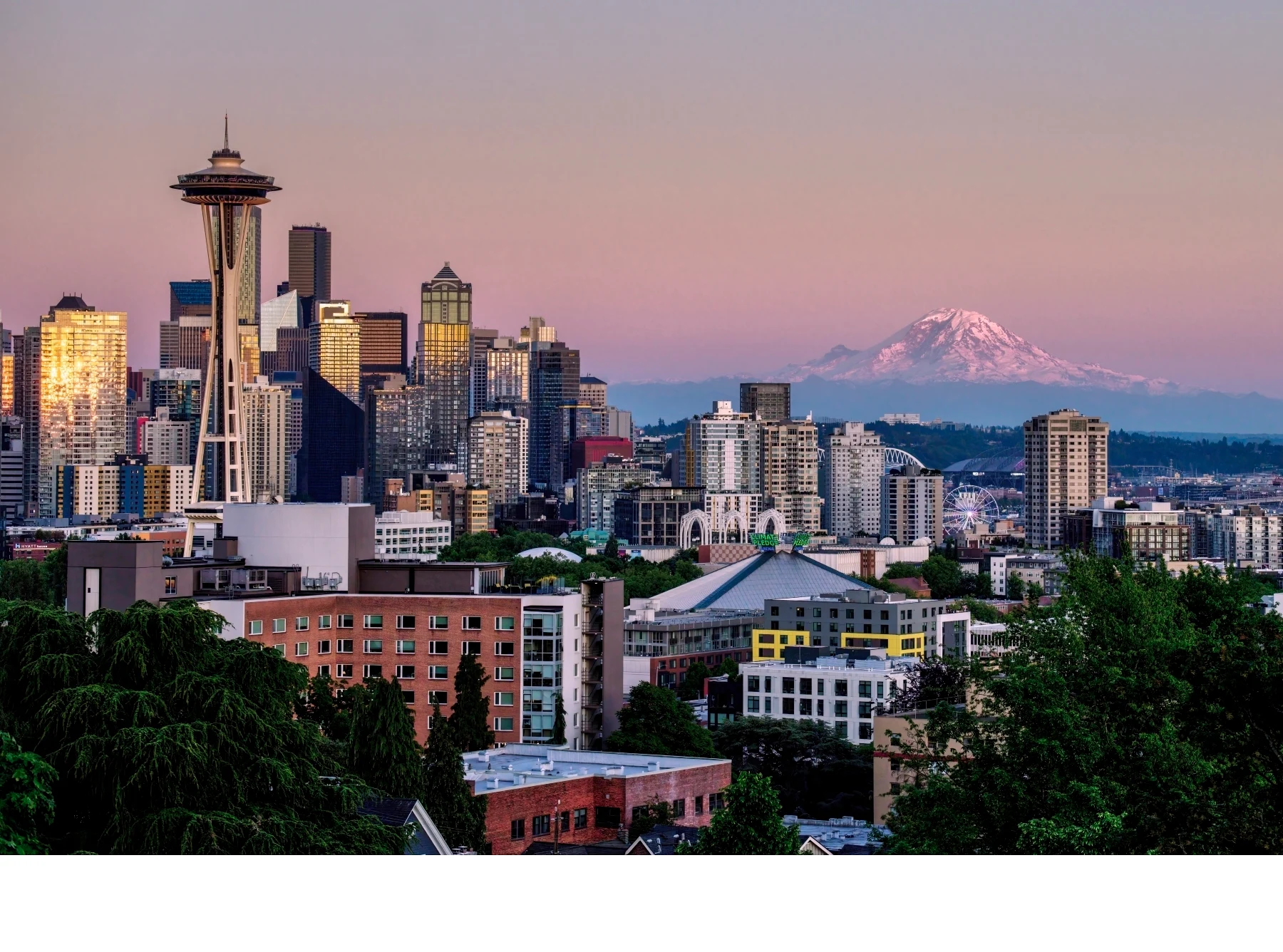 'The Emerald City and its Majestic Neighbor - Seattle Skyline with Mount Rainier at Sunset' (TM 1 Place) by Sree Alavattam - PE