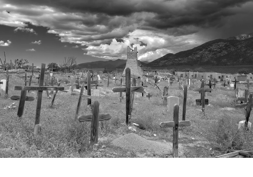 'Cemetery and church ruins, Taos Pueblo, NM, Pueblo built between 1000-1450. The 2nd church destroyed, the 1st in the 18th centu