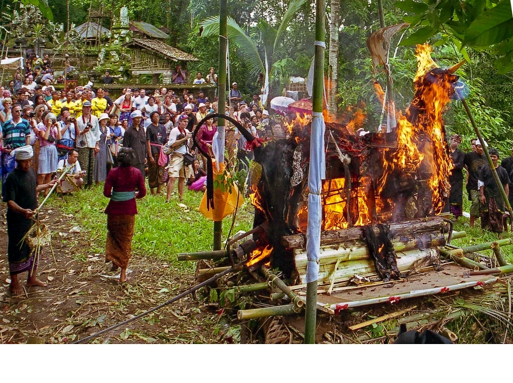 'Cremation in Bali is believed to liberate the soul from the body allowing reincarnation. Effigies shaped like animals are used