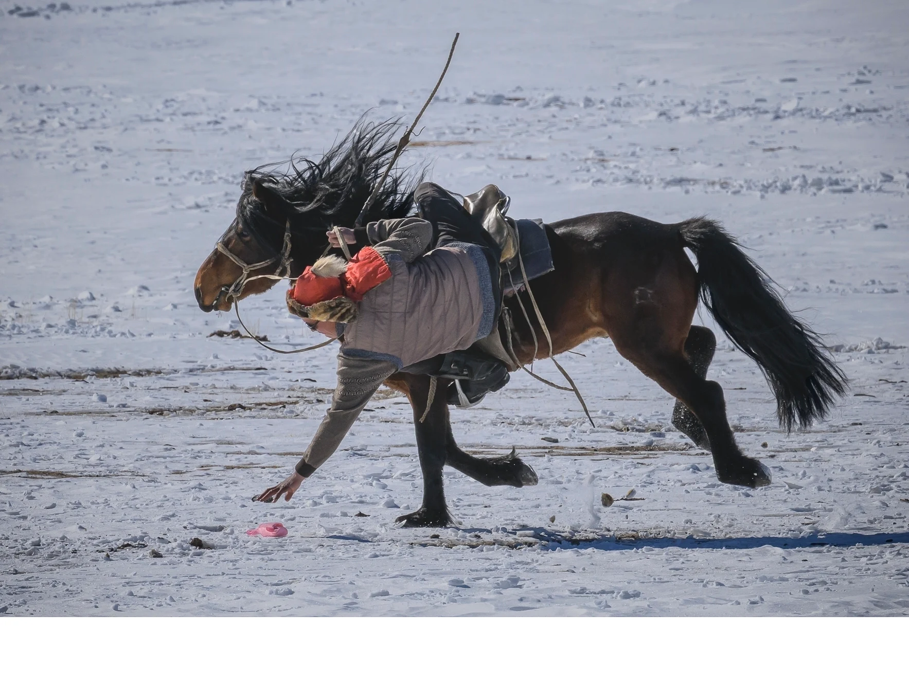 'Mogolian horseman demonstrates his expertise with a game of Pick-up .' (TA   Place) by Debbie Bergvall - CC