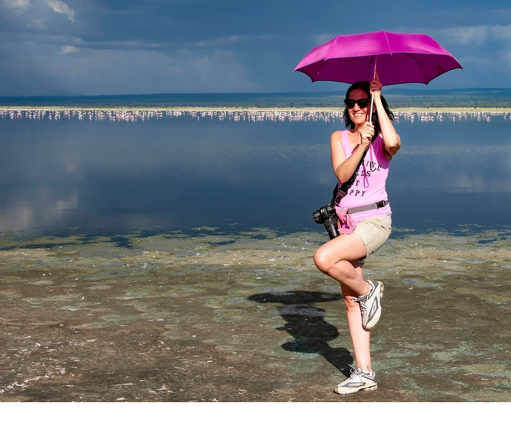 'Pretending to be a pink flamingo with Lake Burunge, Tanzania and hundreds of thousands of flamingos in the background.' (AA   P